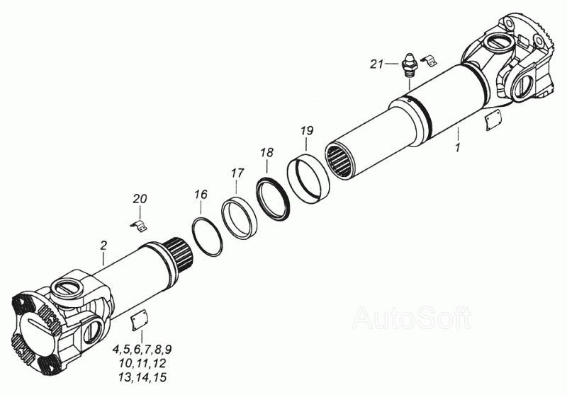 Вал карданный КАМАЗ ЕВРО 53215-2205011 (4 отв. шлиц, 1454 мм)